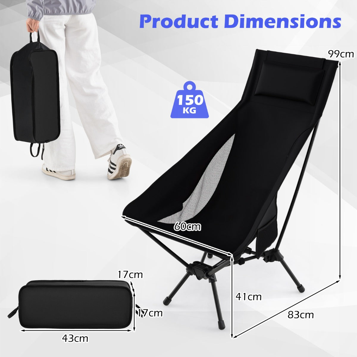 LIVSK Draagbare Campingstoel - Ultralicht - Hoge Stabiliteit tot 150 kg - Eenvoudig Opzetten - Ergonomisch Design - Zwart