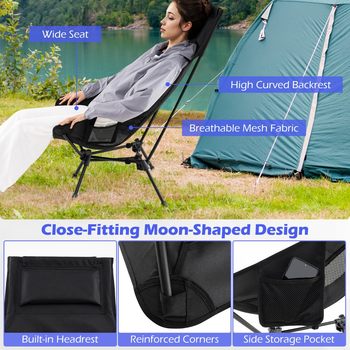 LIVSK Draagbare Campingstoel - Ultralicht - Hoge Stabiliteit tot 150 kg - Eenvoudig Opzetten - Ergonomisch Design - Zwart