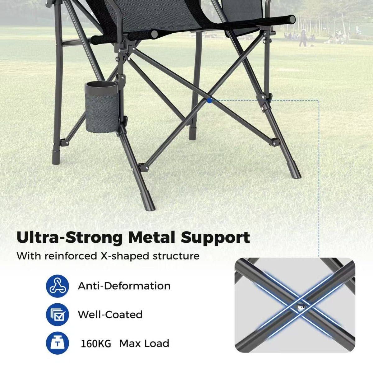 LIVSK Opvouwbare Campingstoel - Ergonomische Rugleuning - Scheurbestendig - Bekerhouder - Tot 150 kg - Zwart + Grijs