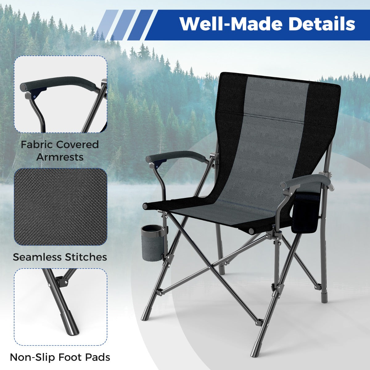 LIVSK Opvouwbare Campingstoel - Ergonomische Rugleuning - Scheurbestendig - Bekerhouder - Tot 150 kg - Zwart + Grijs