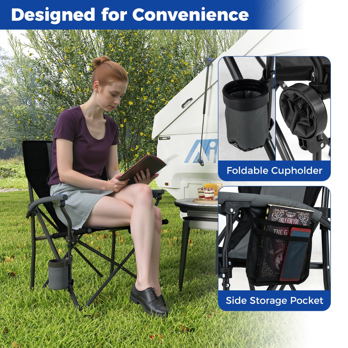 LIVSK Opvouwbare Campingstoel - Ergonomische Rugleuning - Scheurbestendig - Bekerhouder - Tot 150 kg - Zwart + Grijs