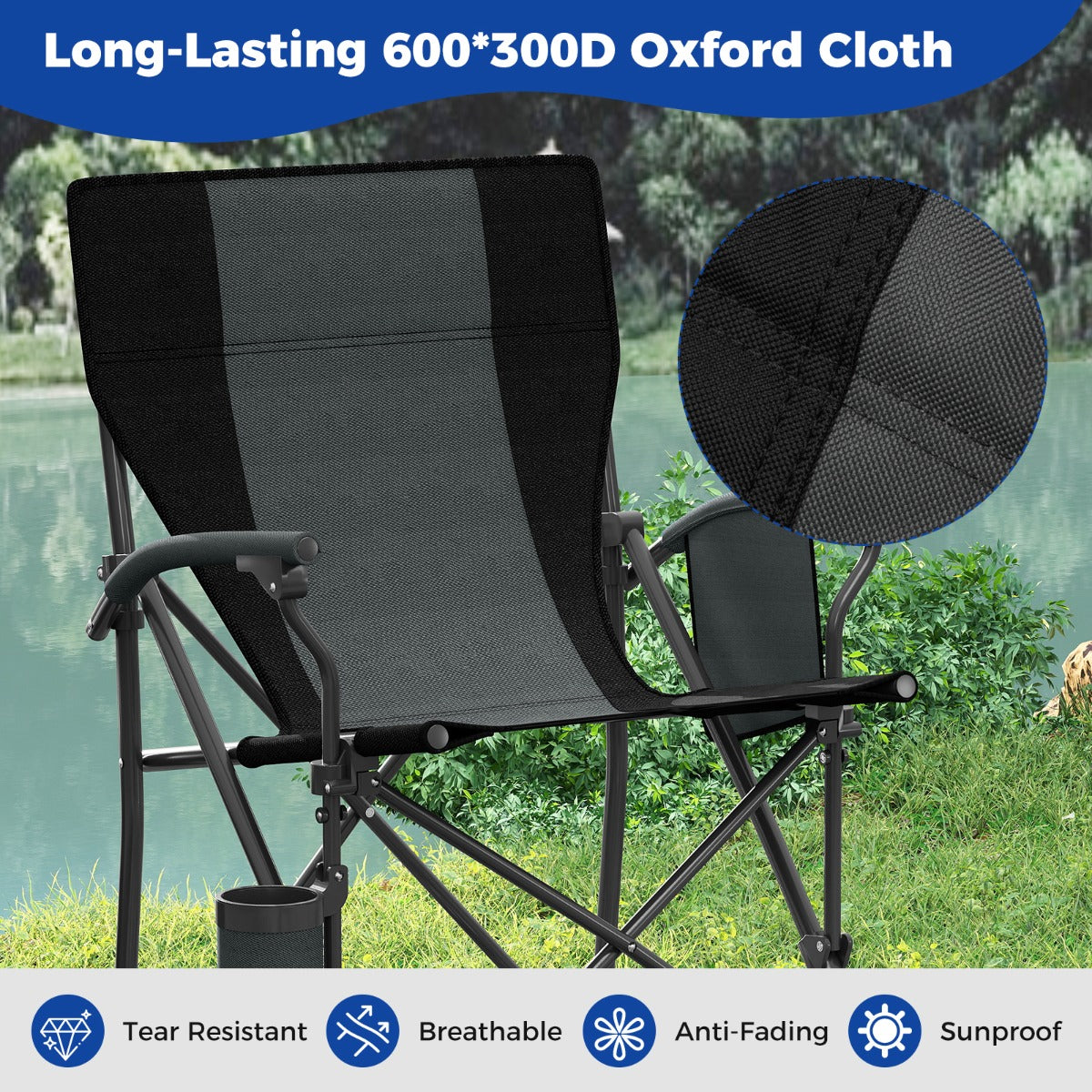 LIVSK Opvouwbare Campingstoel - Ergonomische Rugleuning - Scheurbestendig - Bekerhouder - Tot 150 kg - Zwart + Grijs