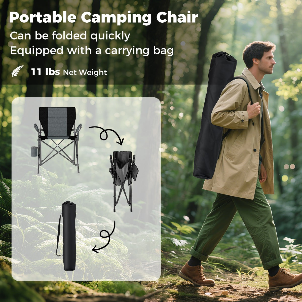 LIVSK Opvouwbare Campingstoel - Ergonomische Rugleuning - Scheurbestendig - Bekerhouder - Tot 150 kg - Zwart + Grijs