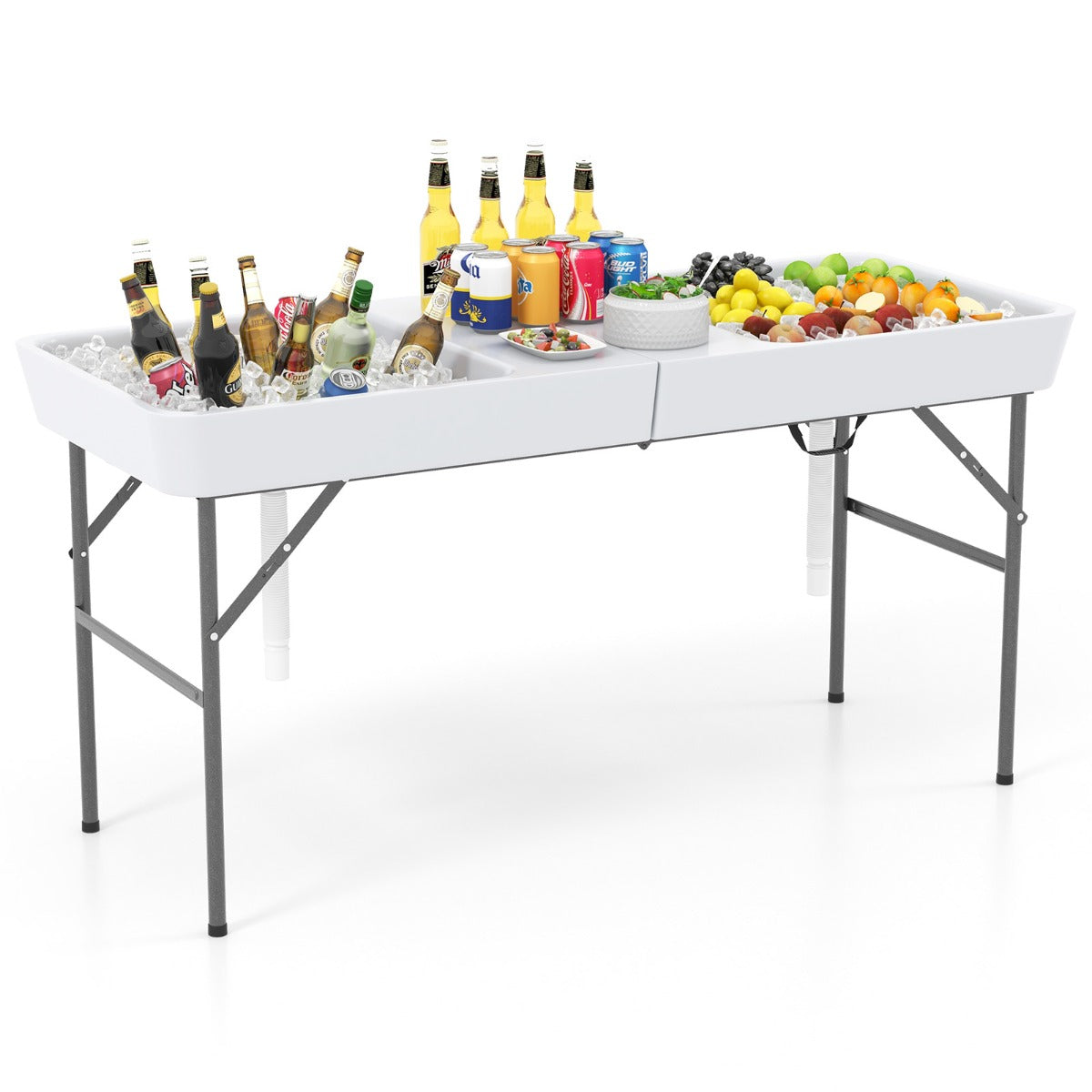LIVSK Koeltafel met Dubbele Spoelbak - Opvouwbaar en Draagbaar - Weerbestendig HDPE - Tot 100 kg - Wit