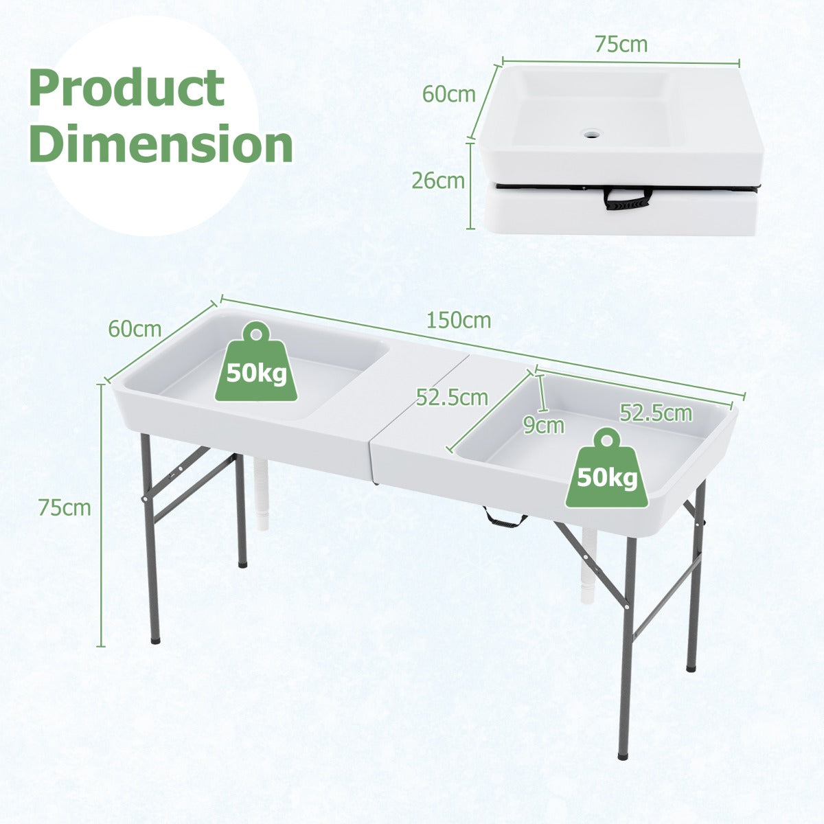 LIVSK Koeltafel met Dubbele Spoelbak - Opvouwbaar en Draagbaar - Weerbestendig HDPE - Tot 100 kg - Wit