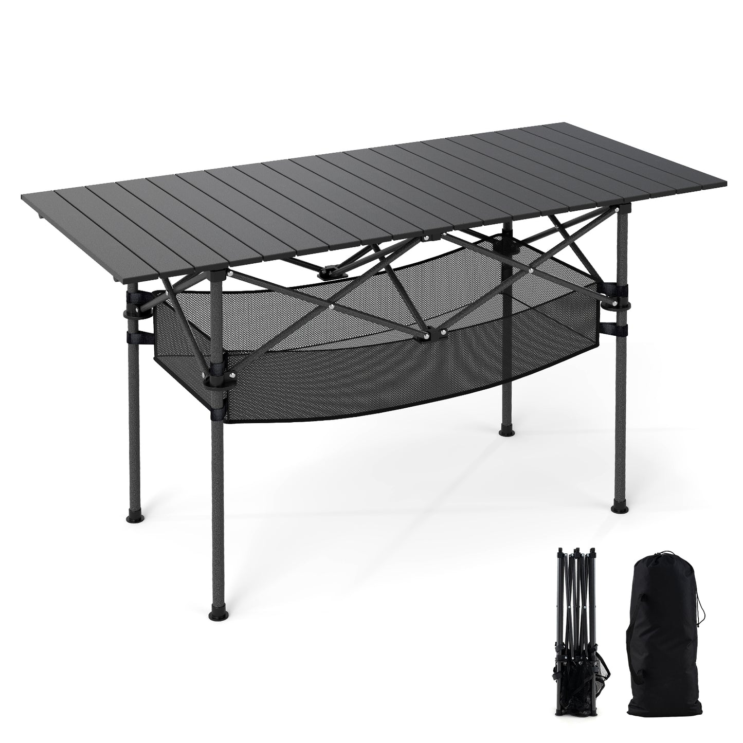 LIVSK Opvouwbare Campingtafel - Aluminium - Eenvoudig op te zetten - Draagtas en netmand inbegrepen - Tot 100 kg - Zwart