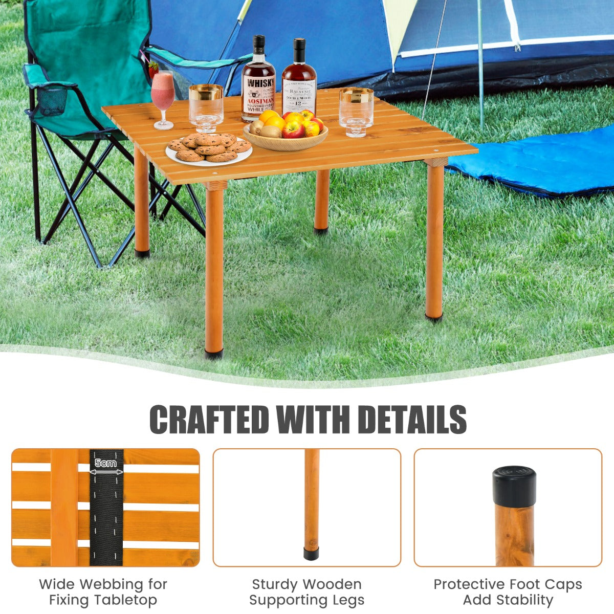 LIVSK Opvouwbare Campingtafel - Natuurlijk Dennenhout - Oprolbaar Blad - Draagtas - 50 kg Draagkracht - 69 x 69 x 42 cm -