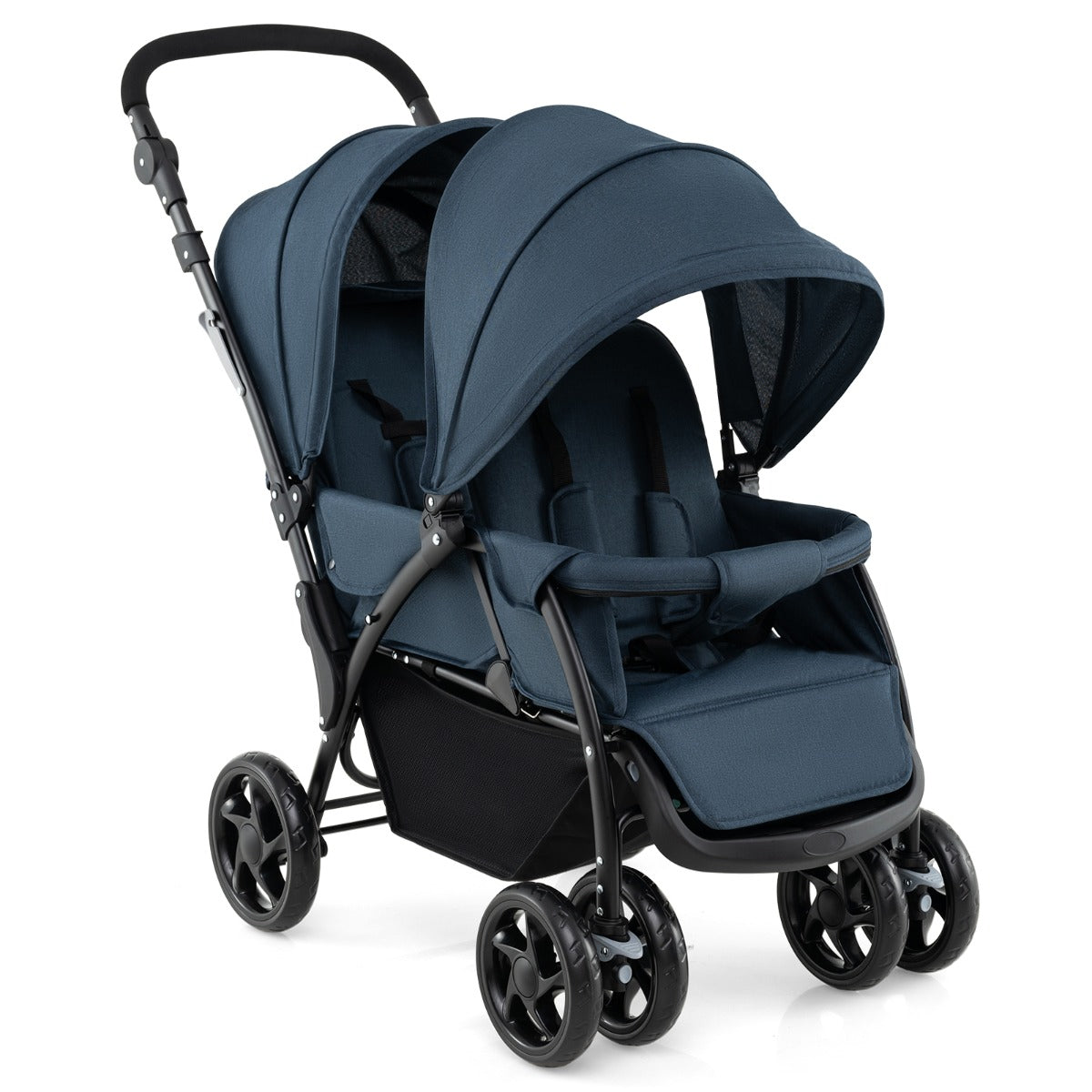 Livsk costway opvouwbare dubbele kinderwagen voor babys met zonnekap 5 punts veiligheidsgordel verstelbare rugleuning vergrendelbare wielen blauw 1 1