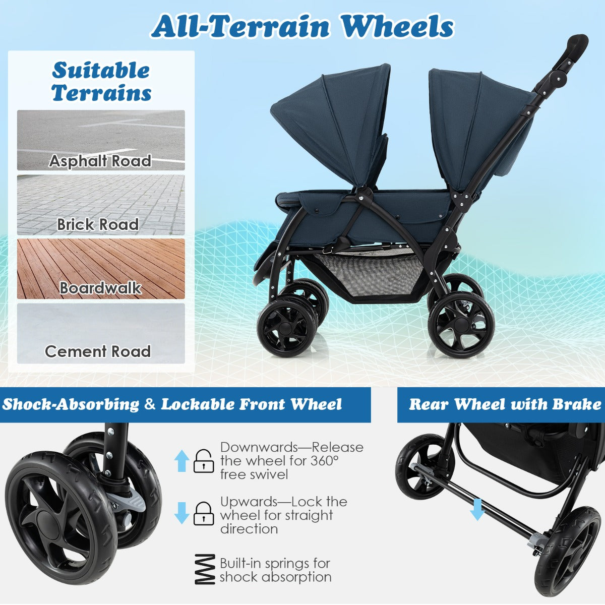 Livsk costway opvouwbare dubbele kinderwagen voor babys met zonnekap 5 punts veiligheidsgordel verstelbare rugleuning vergrendelbare wielen blauw 4