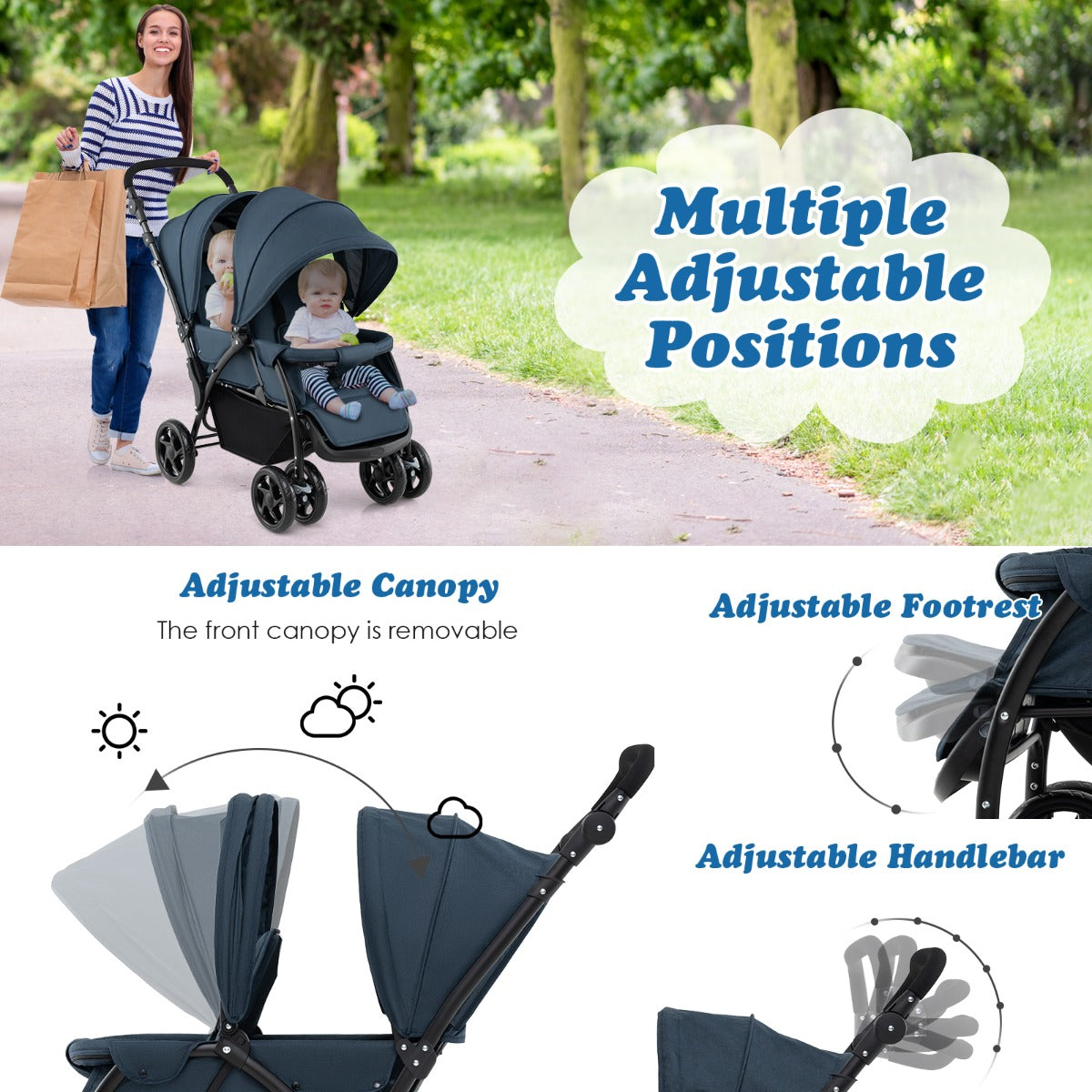 Livsk costway opvouwbare dubbele kinderwagen voor babys met zonnekap 5 punts veiligheidsgordel verstelbare rugleuning vergrendelbare wielen blauw 5