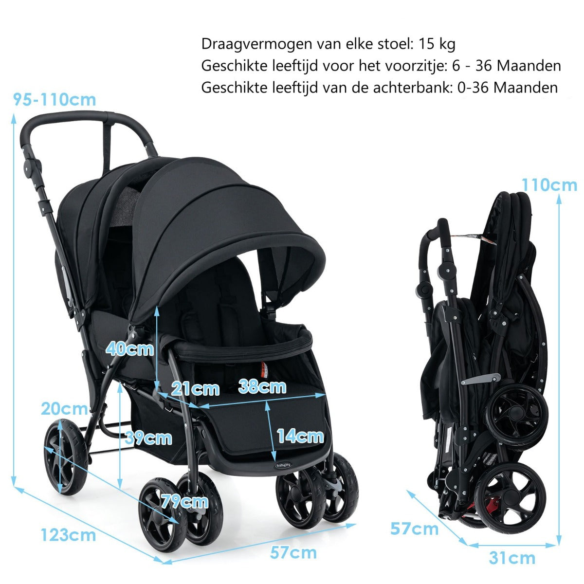 LIVSK Tandem Kinderwagen - Verstelbare Rugleuningen - 5-Punts Veiligheidsgordel - Opvouwbaar - Geschikt voor 2 Peuters - Zwart