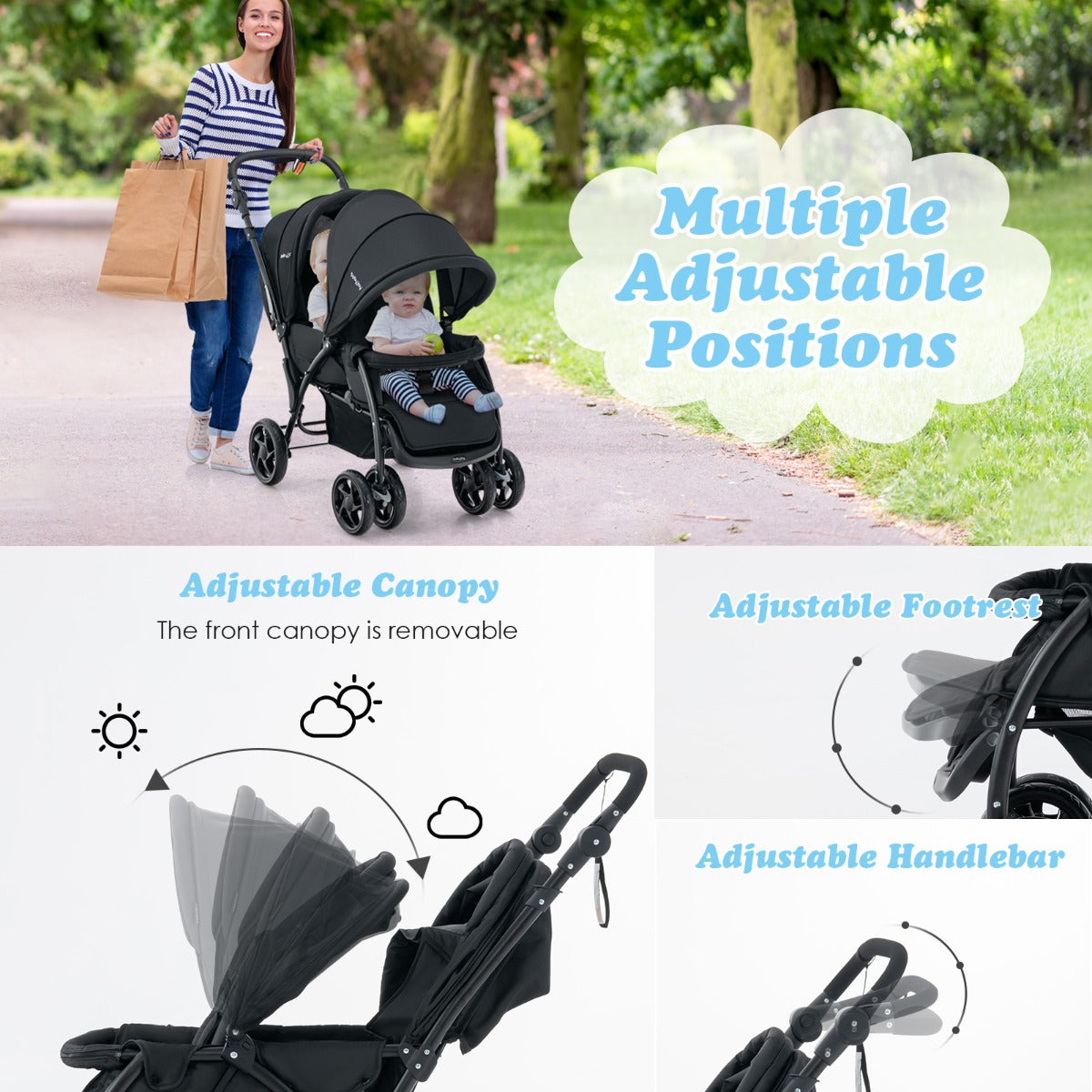 LIVSK Tandem Kinderwagen - Verstelbare Rugleuningen - 5-Punts Veiligheidsgordel - Opvouwbaar - Geschikt voor 2 Peuters - Zwart