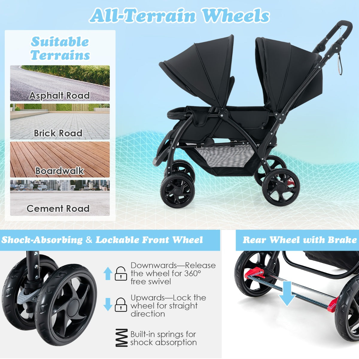 LIVSK Tandem Kinderwagen - Verstelbare Rugleuningen - 5-Punts Veiligheidsgordel - Opvouwbaar - Geschikt voor 2 Peuters - Zwart