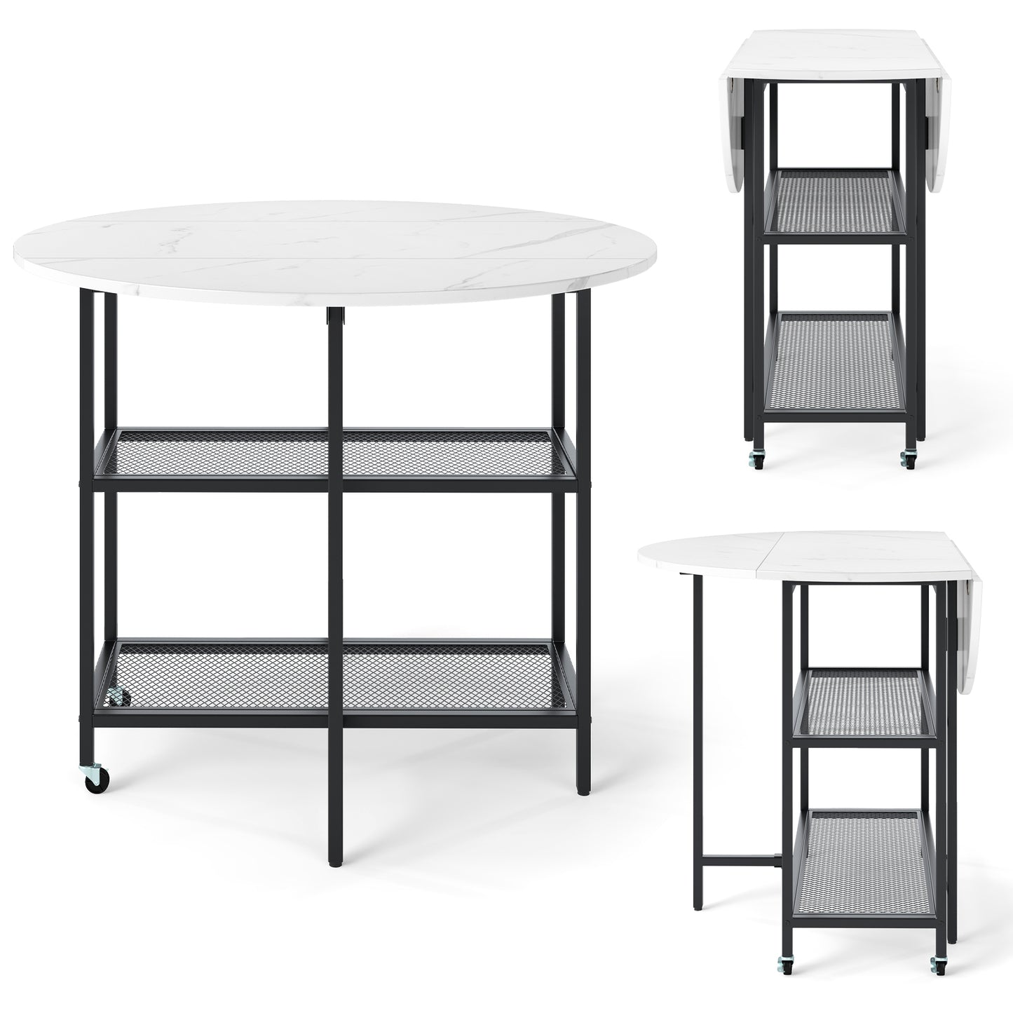 LIVSK Opklapbare Eettafel - Voor 2-4 Personen - 2-laags Opbergrek - Vergrendelbare Wielen - Ruimtebesparend - Wit