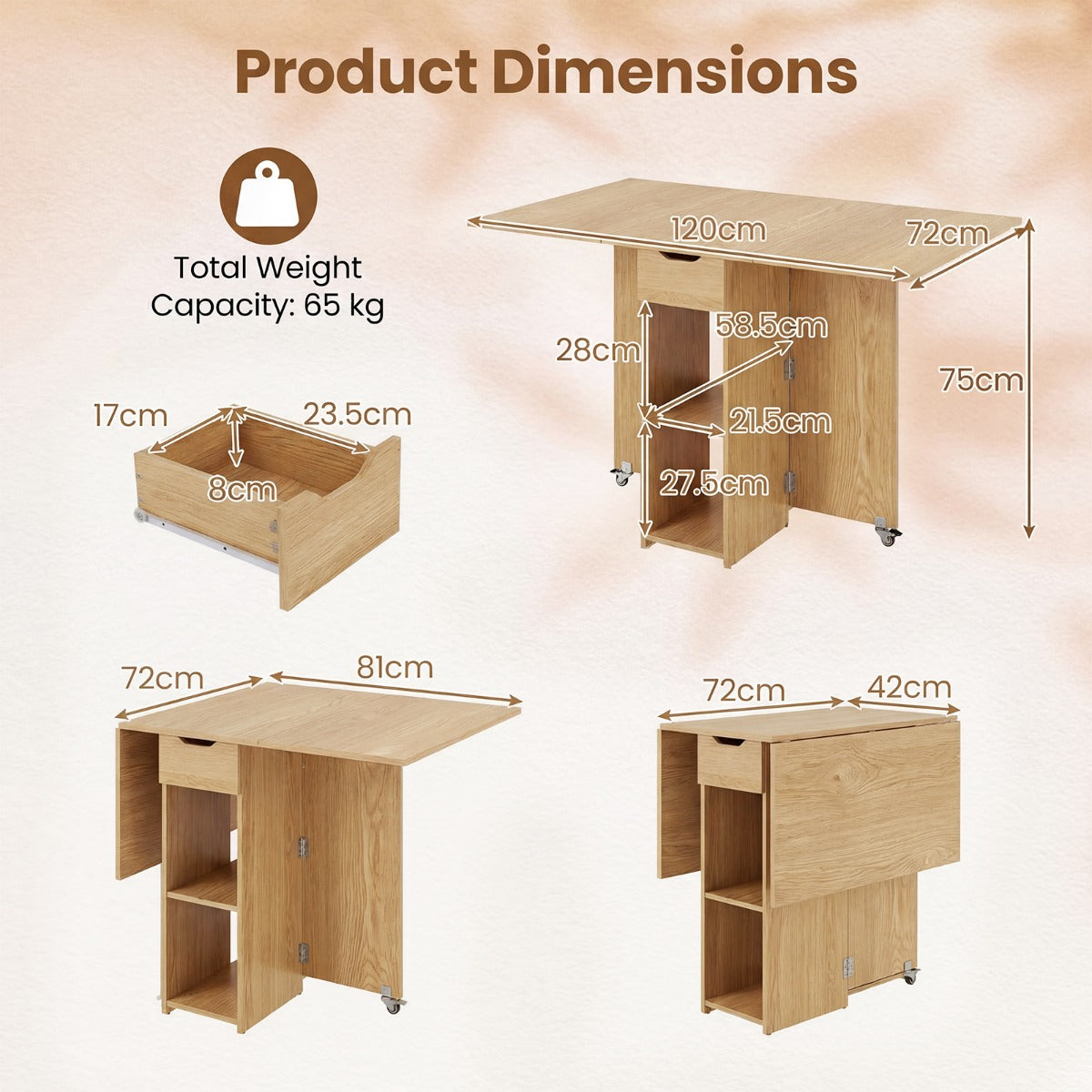 Livsk costway opvouwbare eettafel met twee zwenkwielen twee planken en een lade naturelkleurige opvouwbare tafel