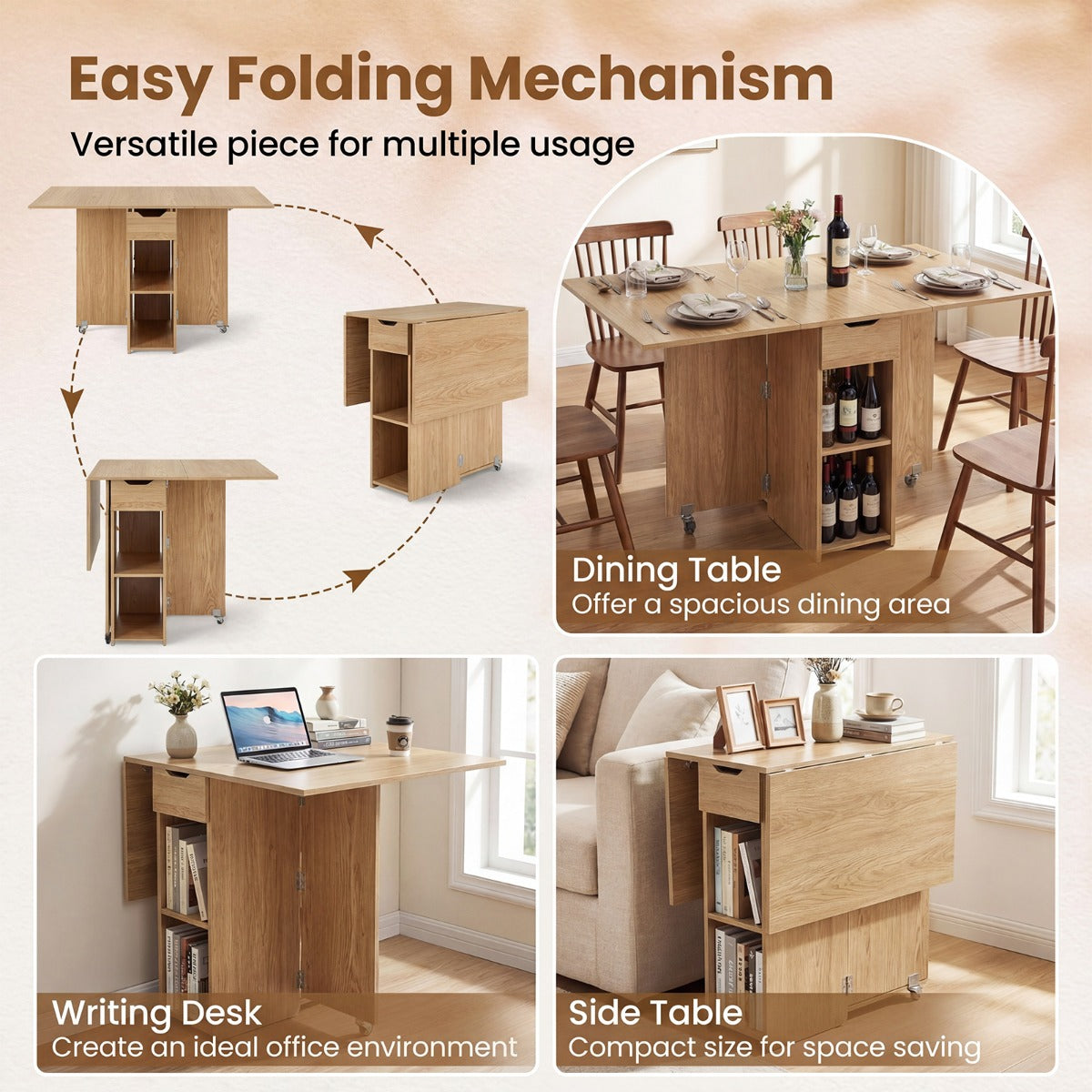 Livsk costway opvouwbare eettafel met twee zwenkwielen twee planken en een lade naturelkleurige opvouwbare tafel