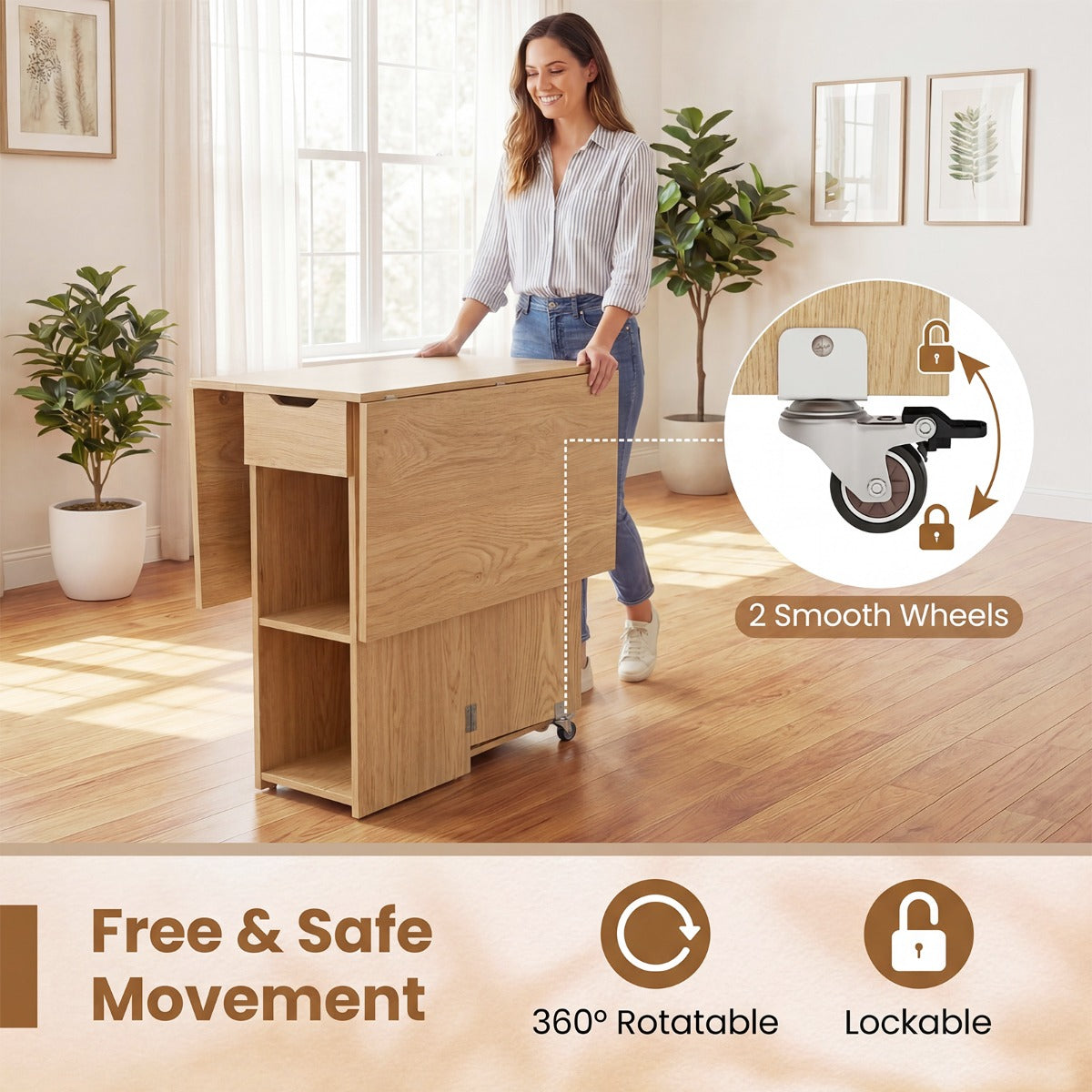 Livsk costway opvouwbare eettafel met twee zwenkwielen twee planken en een lade naturelkleurige opvouwbare tafel