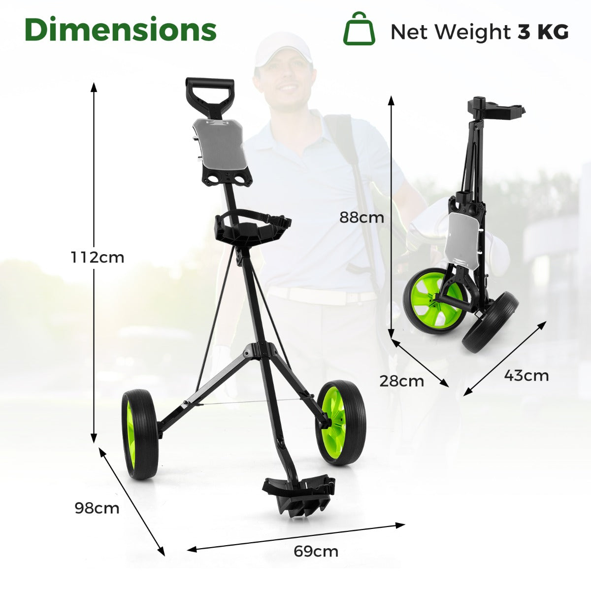 LIVSK Opvouwbare Golf Trolley - Robuust Stalen Frame - Slijtvast PP-wielen - Ergonomisch Ontwerp - Totale Draagcapaciteit - Groen