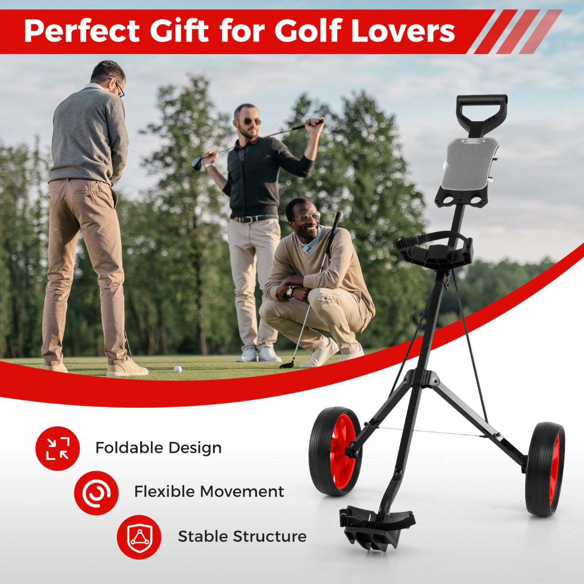 LIVSK Opvouwbare Golftrolley - Stevig Stalen Frame - Slijtvaste 24 cm Wielen - Ergonomisch & Draagbaar - Rood