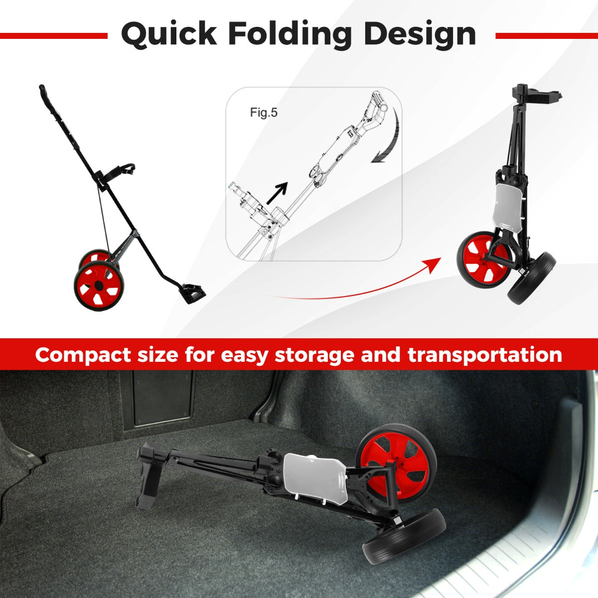 LIVSK Opvouwbare Golftrolley - Stevig Stalen Frame - Slijtvaste 24 cm Wielen - Ergonomisch & Draagbaar - Rood