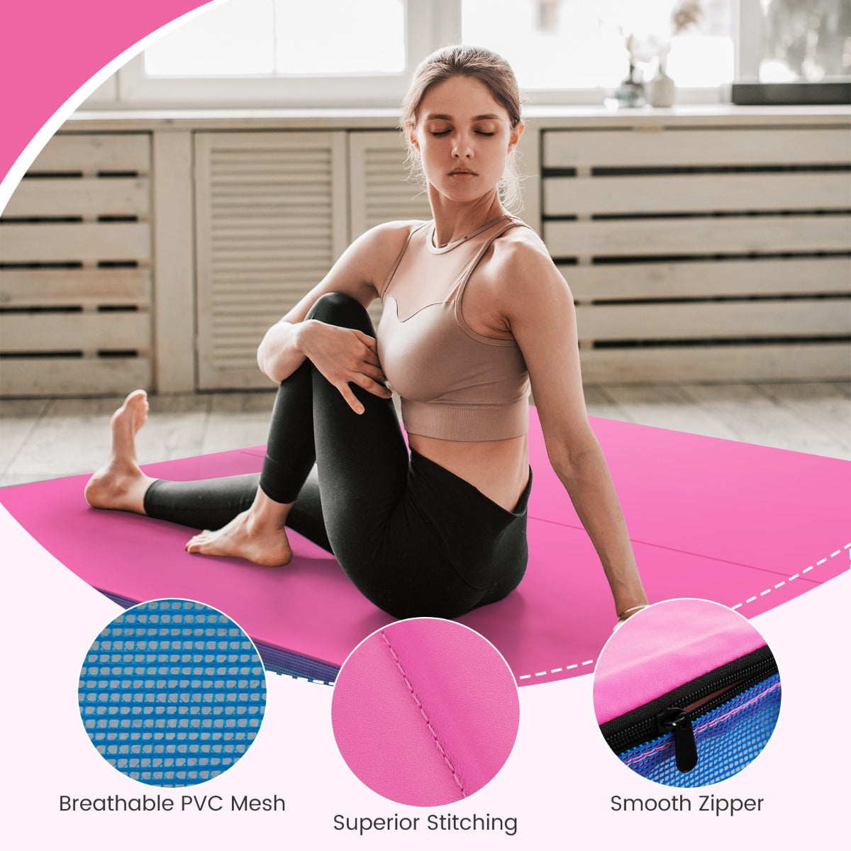 Livsk costway opvouwbare gymmat 122 x 122 x 10 cm dikte dubbel opvouwbare gym en tumblingmat roze 4