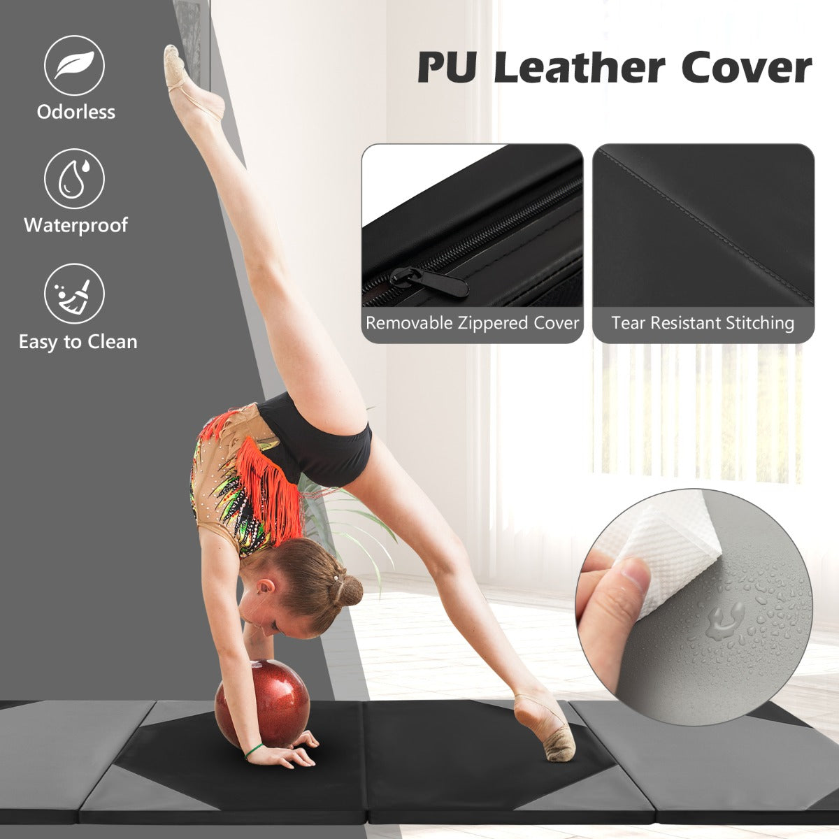 LIVSK Opvouwbare Fitnessmat - 5 cm EPE-schuim - Handgrepen - Waterdichte PU-hoes - Klittenband - 300 x 117 x 5 cm - Roze + Zwart