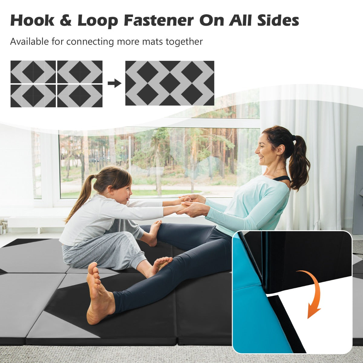 LIVSK Opvouwbare Fitnessmat - 5 cm EPE-schuim - Handgrepen - Waterdichte PU-hoes - Klittenband - 300 x 117 x 5 cm - Roze + Zwart
