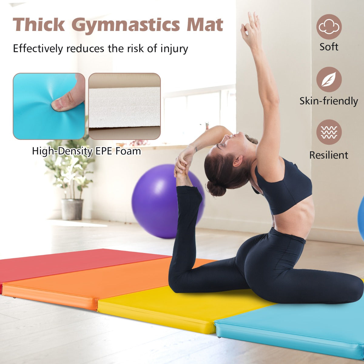 LIVSK Opvouwbare fitnessmat - 5 panelen - Hoogwaardig PU-leer - EPE-schuim - Ondersteunt diverse trainingen - Veelkleurig