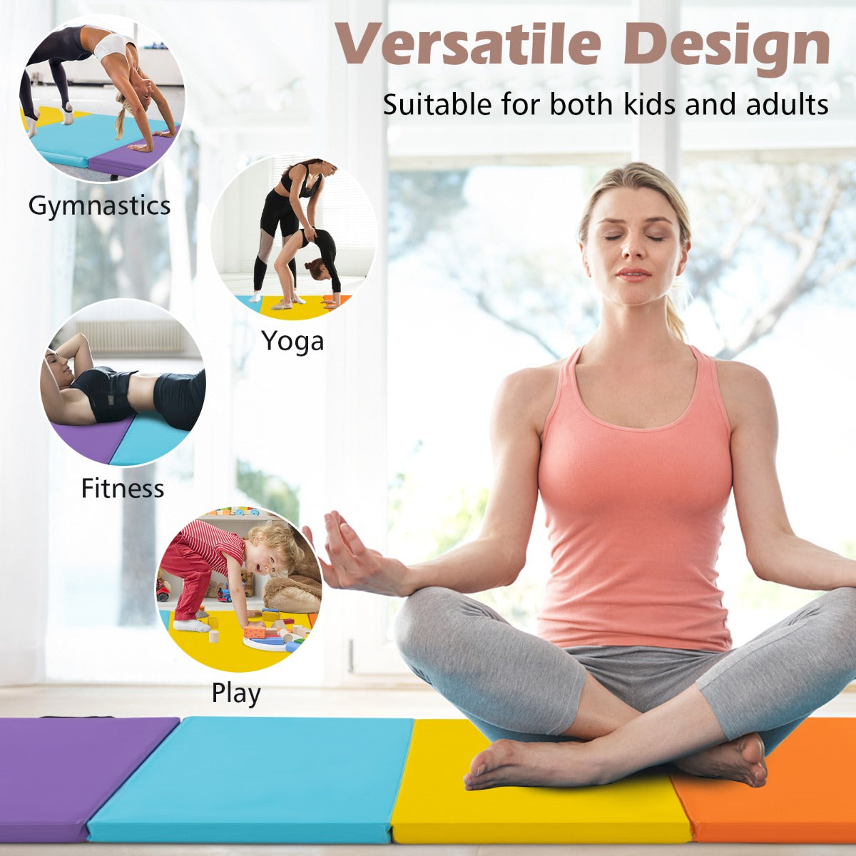 LIVSK Opvouwbare fitnessmat - 5 panelen - Hoogwaardig PU-leer - EPE-schuim - Ondersteunt diverse trainingen - Veelkleurig