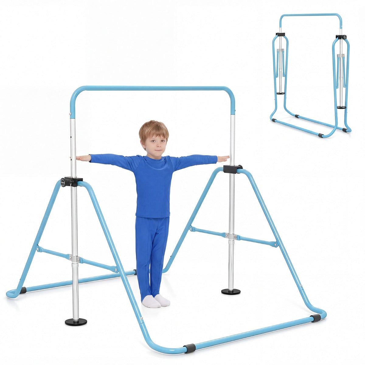 Livsk costway opvouwbare gymnastiekstang voor kinderen in hoogte verstelbare horizontale kip trainingsstang met antislipbasis blauw
