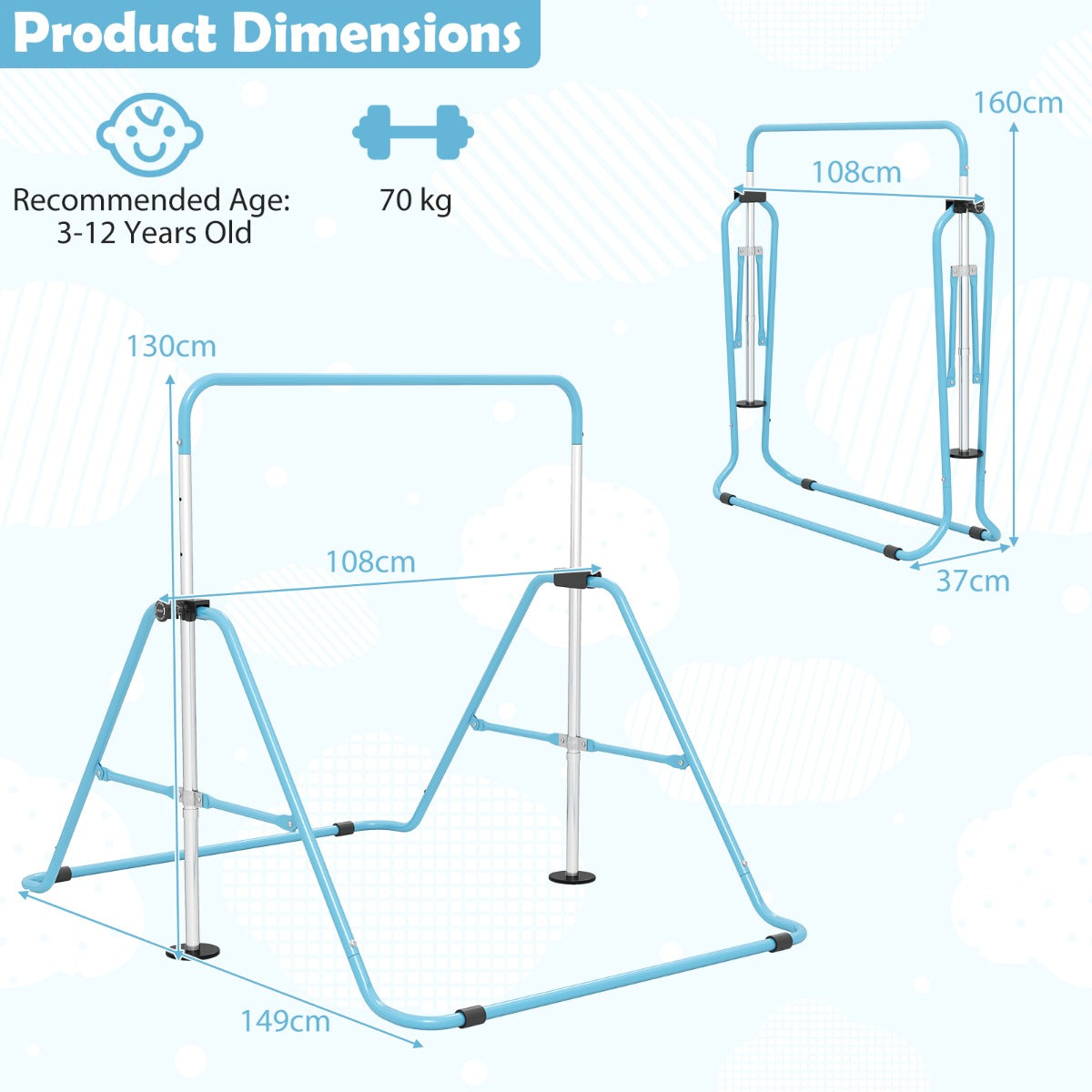 Livsk costway opvouwbare gymnastiekstang voor kinderen in hoogte verstelbare horizontale kip trainingsstang met antislipbasis blauw
