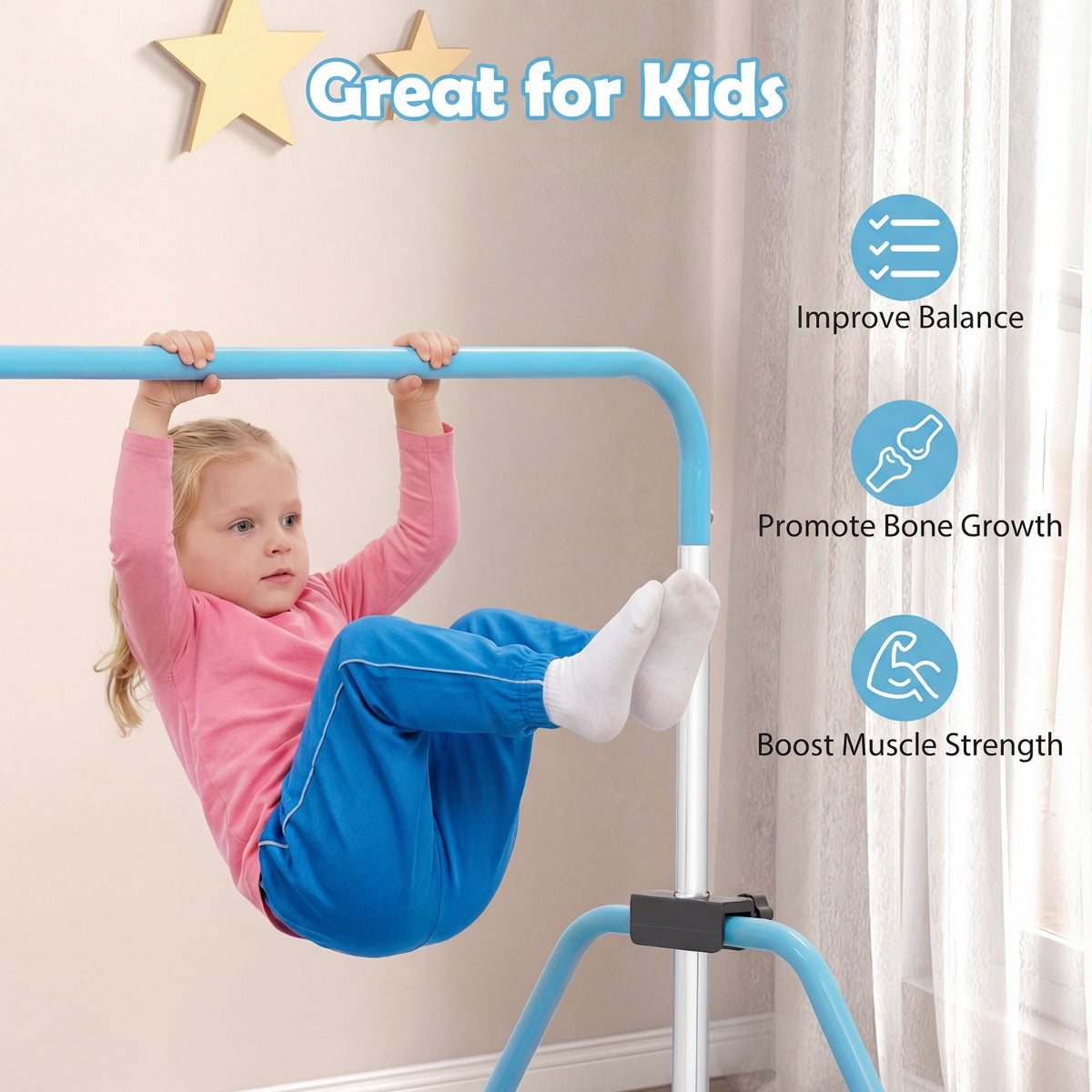 Livsk costway opvouwbare gymnastiekstang voor kinderen in hoogte verstelbare horizontale kip trainingsstang met antislipbasis blauw