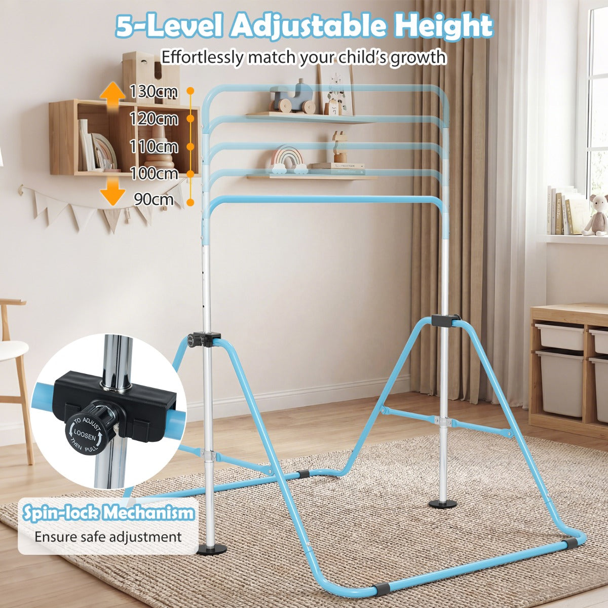 Livsk costway opvouwbare gymnastiekstang voor kinderen in hoogte verstelbare horizontale kip trainingsstang met antislipbasis blauw