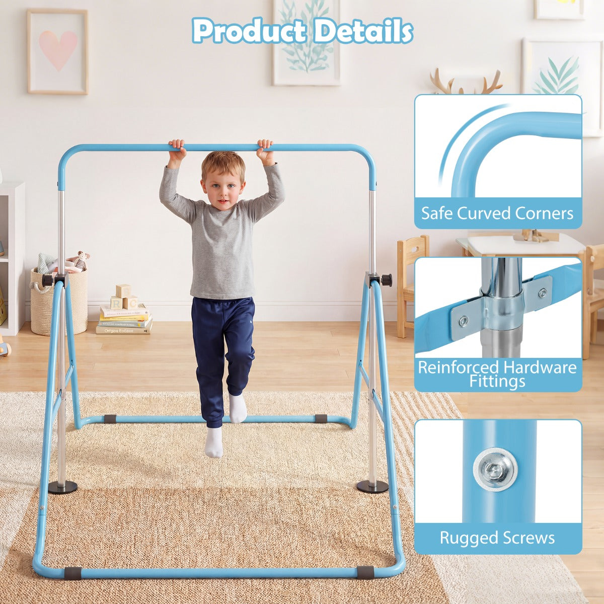 Livsk costway opvouwbare gymnastiekstang voor kinderen in hoogte verstelbare horizontale kip trainingsstang met antislipbasis blauw