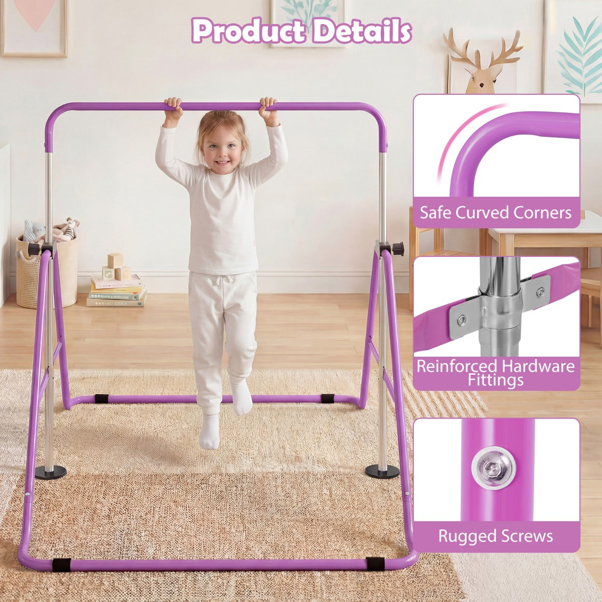 Livsk costway opvouwbare gymnastiekstang voor kinderen in hoogte verstelbare horizontale kip trainingsstang met antislipbasis paars