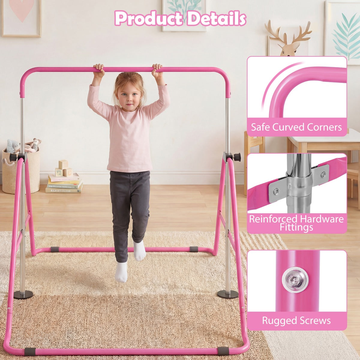 Livsk costway opvouwbare gymnastiekstang voor kinderen in hoogte verstelbare horizontale kip trainingsstang met antislipbasis roze