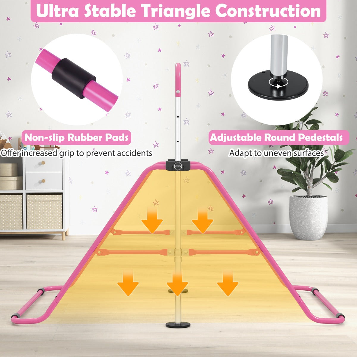 Livsk costway opvouwbare gymnastiekstang voor kinderen in hoogte verstelbare horizontale kip trainingsstang met antislipbasis roze