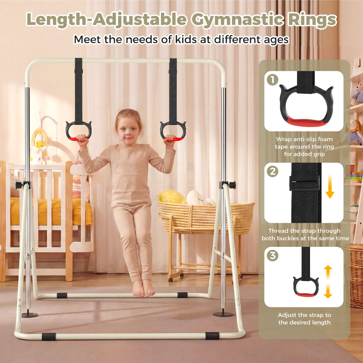 Livsk costway opvouwbare gymnastiekstang voor kinderen met vier in hoogte verstelbare dwarsbalken en gymnastiekringen