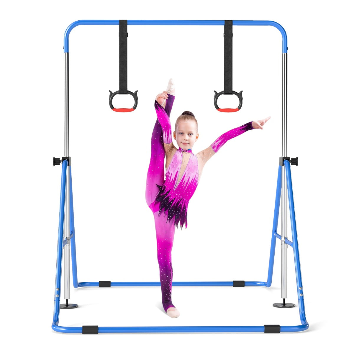 Livsk costway opvouwbare gymnastiekstang voor kinderen met vier in hoogte verstelbare dwarsbalken en gymnastiekringen blauw 1