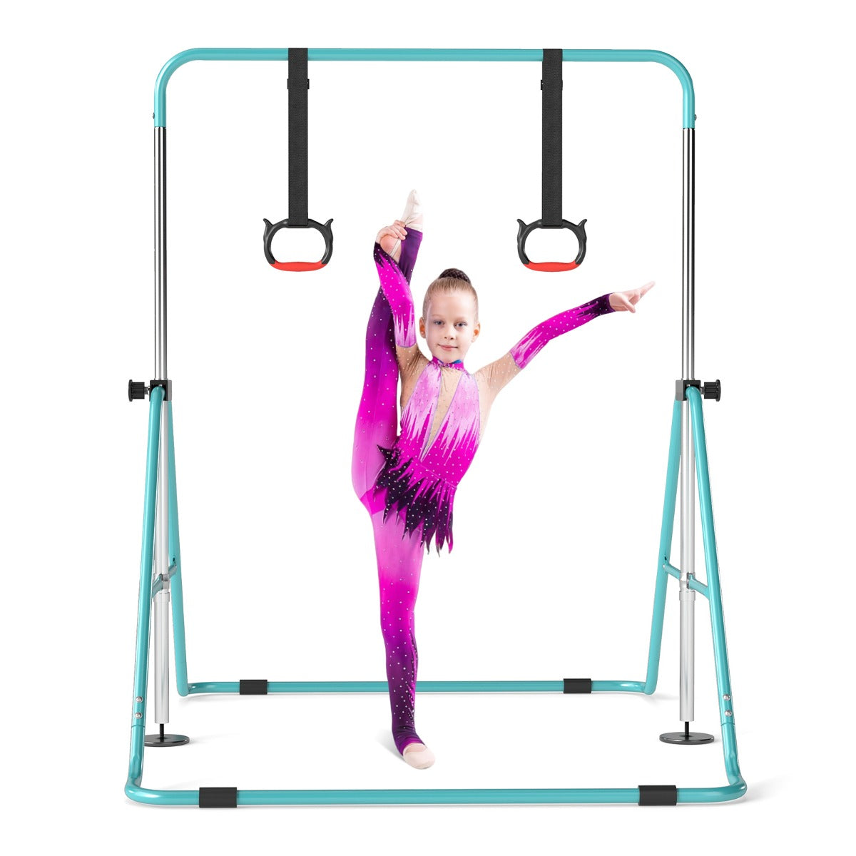 Livsk costway opvouwbare gymnastiekstang voor kinderen met vier in hoogte verstelbare dwarsbalken en gymnastiekringen groen 1