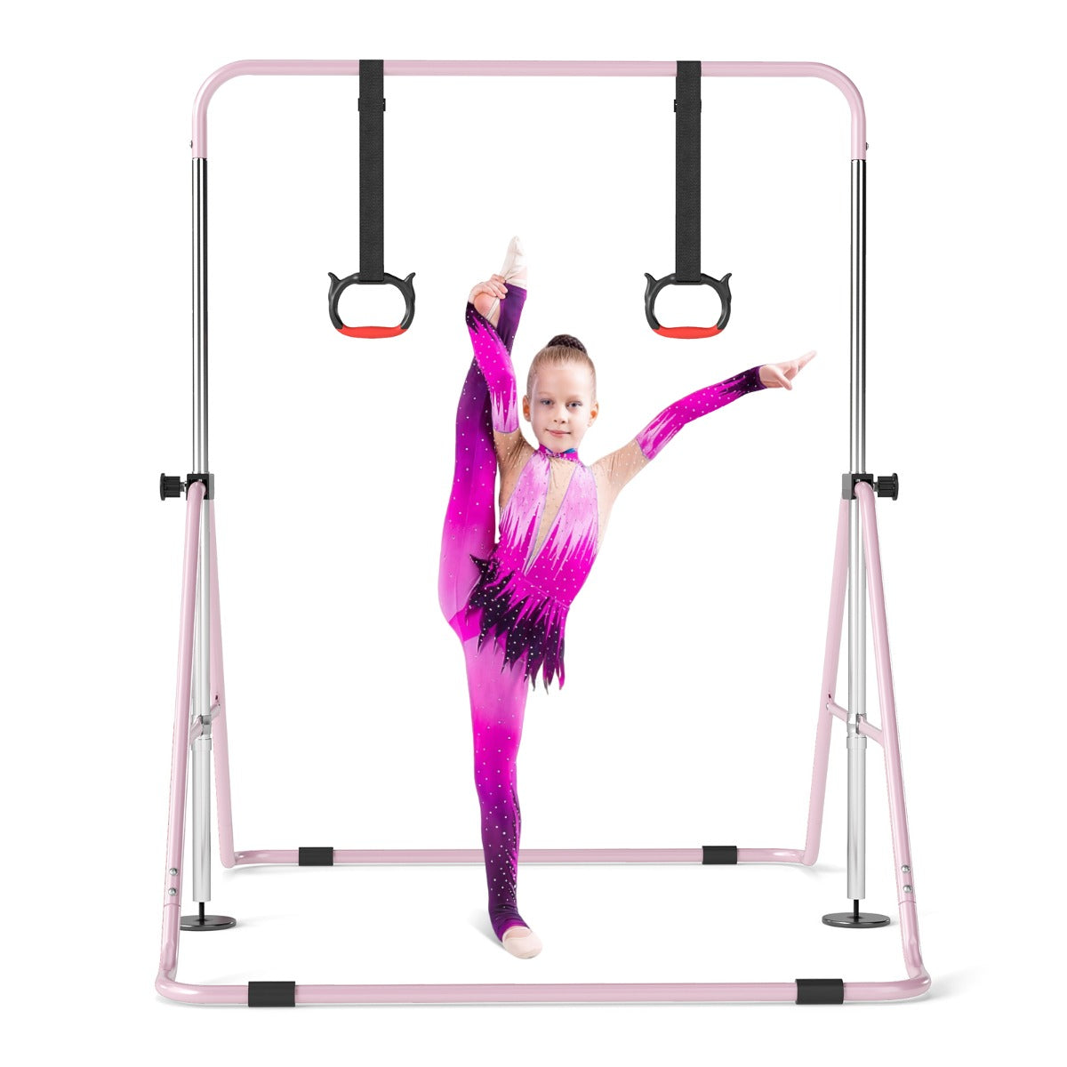 Livsk costway opvouwbare gymnastiekstang voor kinderen met vier in hoogte verstelbare dwarsbalken en gymnastiekringen roze 1
