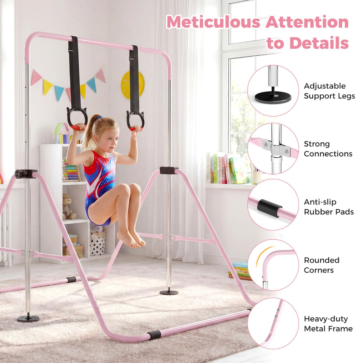 Livsk costway opvouwbare gymnastiekstang voor kinderen met vier in hoogte verstelbare dwarsbalken en gymnastiekringen roze