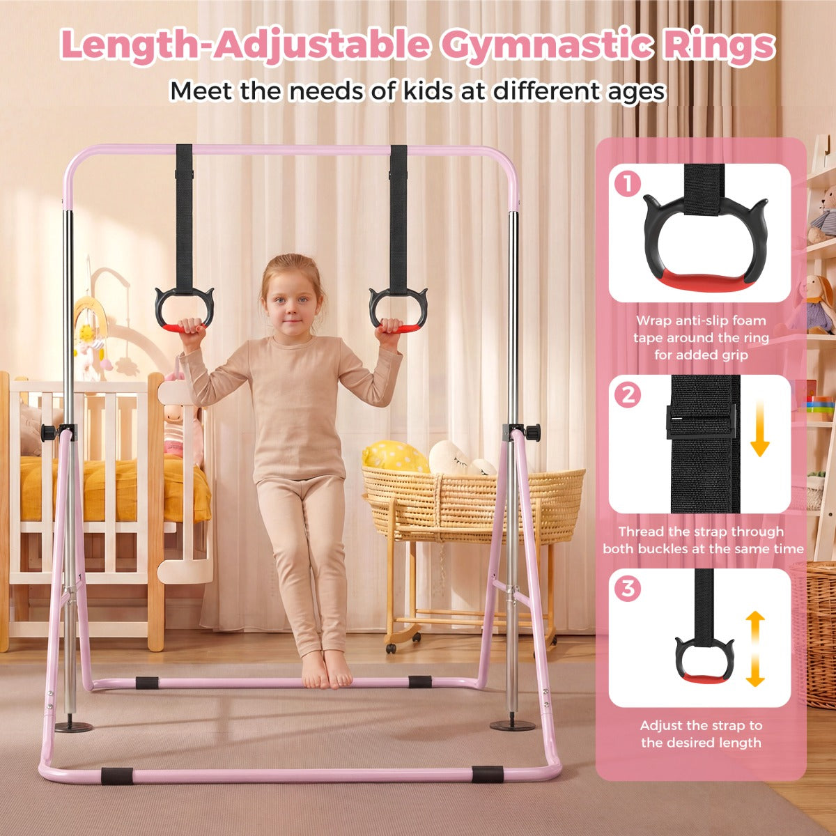 Livsk costway opvouwbare gymnastiekstang voor kinderen met vier in hoogte verstelbare dwarsbalken en gymnastiekringen roze