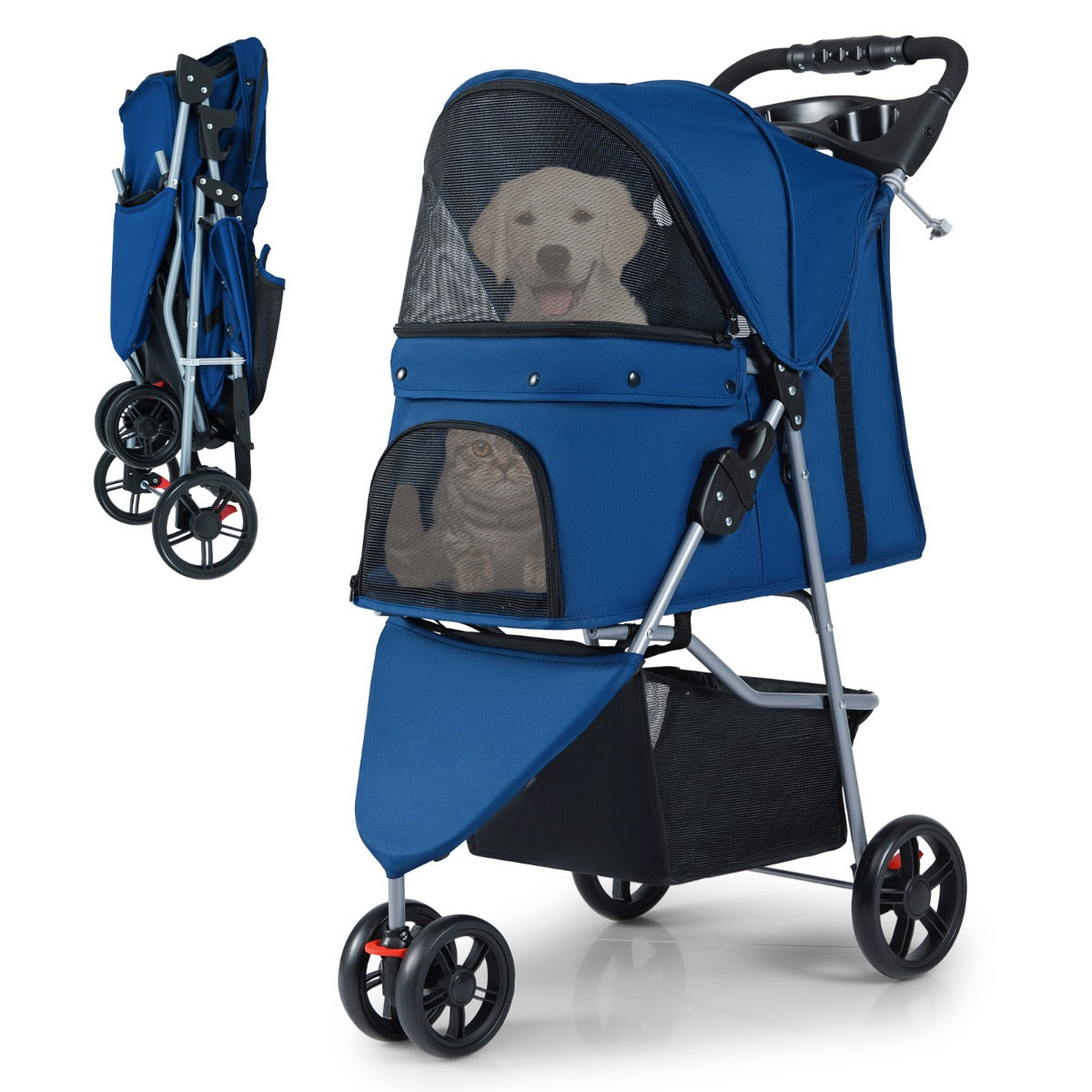 Livsk costway opvouwbare huisdierenwagen lichte kattenwandelwagen met verstelbare zonnekap afneembare en wasbare bekleding donkerblauw