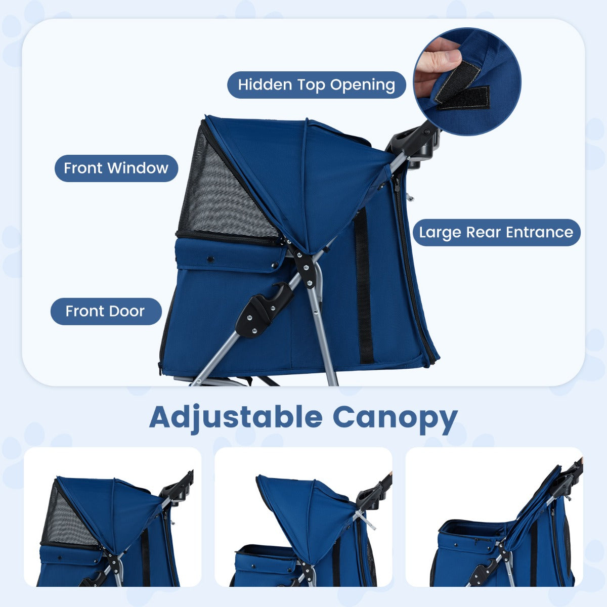 Livsk costway opvouwbare huisdierenwagen lichte kattenwandelwagen met verstelbare zonnekap afneembare en wasbare bekleding donkerblauw 4