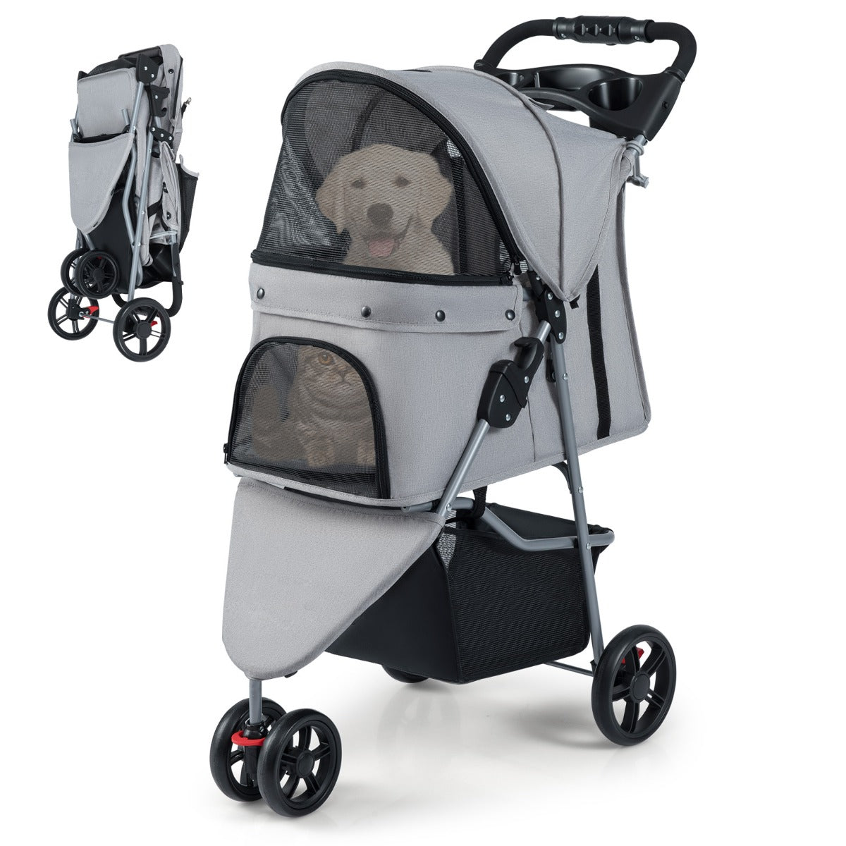 Livsk costway opvouwbare huisdierenwagen lichte kattenwandelwagen met verstelbare zonnekap afneembare en wasbare bekleding grijs