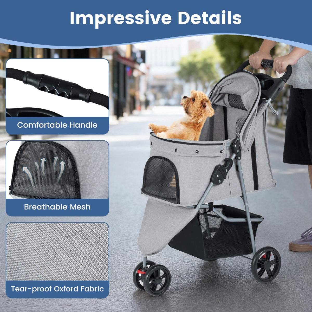 Livsk costway opvouwbare huisdierenwagen lichte kattenwandelwagen met verstelbare zonnekap afneembare en wasbare bekleding grijs 4