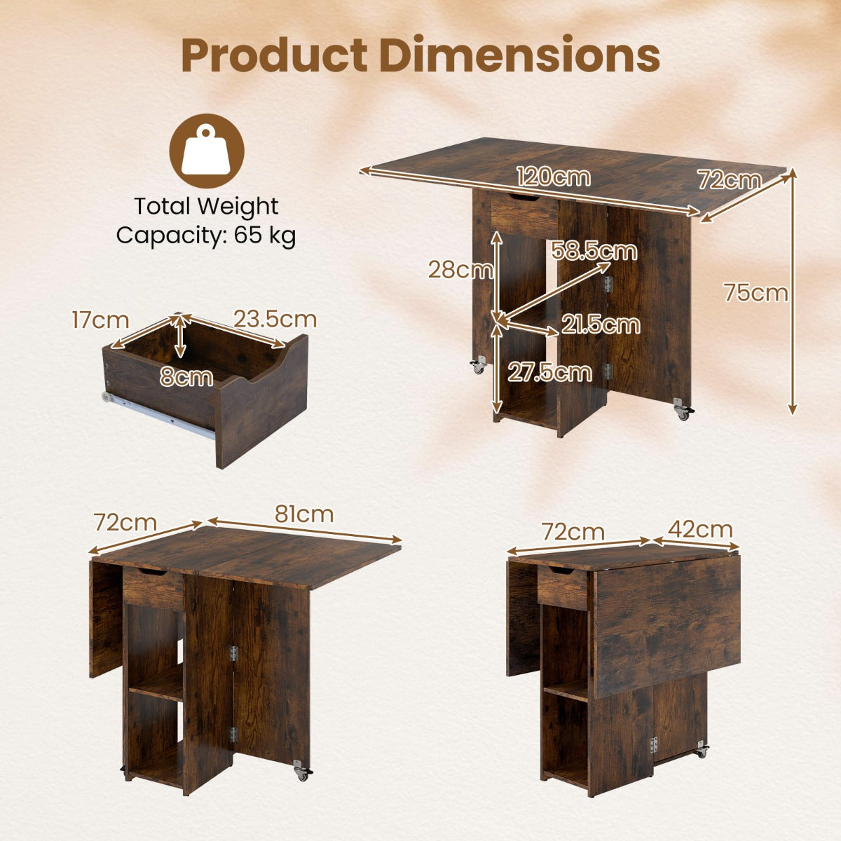 Livsk costway opvouwbare keukentafel opvouwbare tafel voor vier personen met lades donkerbruin 2