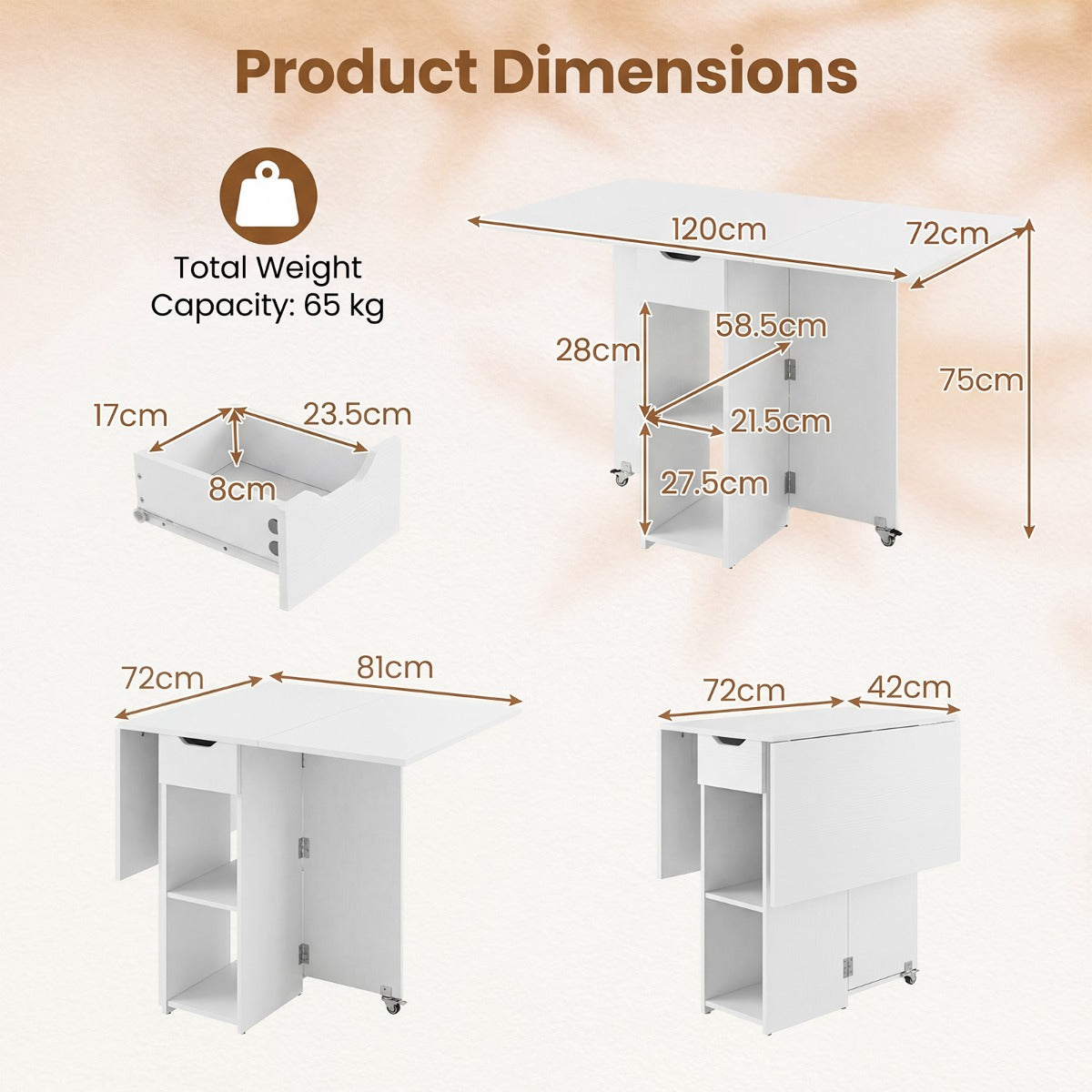 Livsk costway opvouwbare keukentafel opvouwbare tafel voor vier personen met lades wit 2