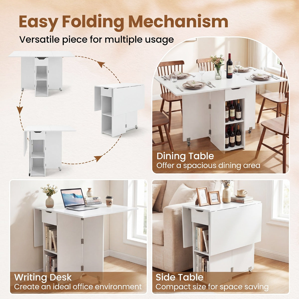 Livsk costway opvouwbare keukentafel opvouwbare tafel voor vier personen met lades wit 5